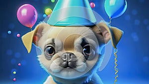 Cute puppy in a party hat on a blue background, cute funny dog celebrating his birthday, cyclic video