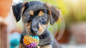 cute puppy playfulness, cute puppy joyfully playing with a squeaky toy, carrying it in its mouth with adorable floppy photo