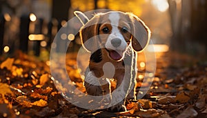 Cute puppy playing in the autumn forest, purebred dog happiness generated by AI