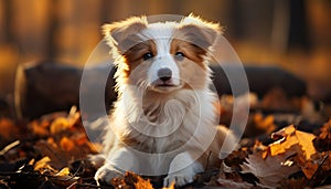 Cute puppy playing in autumn forest, purebred dog happiness generated by AI