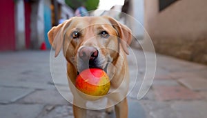 Cute puppy playing with ball, hungry labrador chewing grass generated by AI