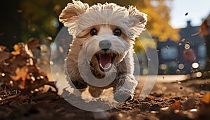 Cute puppy playing outdoors, running in the grass with joy generated by AI