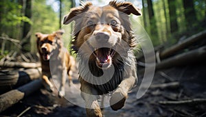 Cute puppy playing outdoors, running in grass, looking cheerful generated by AI