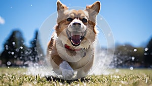 Cute puppy playing outdoors, running on grass, purebred joy generated by AI