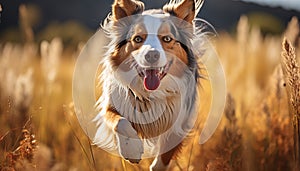 Cute puppy playing outdoors, running in grass, purebred sheepdog generated by AI