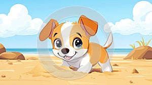 Cute puppy digging in sand at.