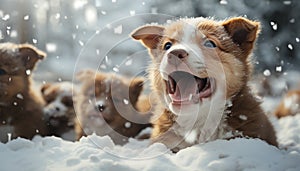 Cute puppy playing in the snow, purebred dog winter fun generated by AI