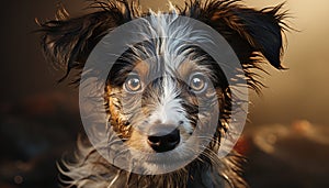 Cute puppy portrait, small, wet, looking at camera, furry friend generated by AI