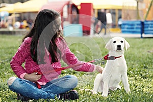 Cute Puppy Preteen Girl Park Sitting