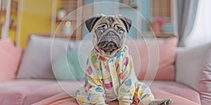 cute puppy pug, dressed in onesie, on a sofa, colorful room in background