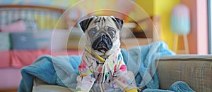 cute puppy pug, dressed in onesie, on a sofa, colorful room in background