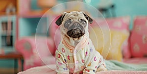 cute puppy pug, dressed in onesie, on a sofa, colorful room in background