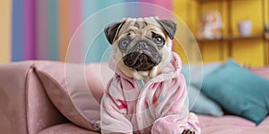 cute puppy pug, dressed in onesie, on a sofa, colorful room in background