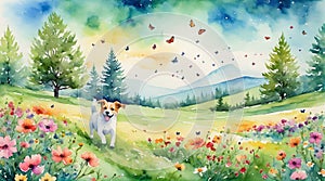 Cute puppy runing in the green field with flower blossom and butterflies watercolor painting style.