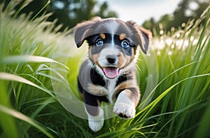 Cute puppy running on the grass