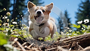 Cute puppy running in the grass, enjoying the outdoors generated by AI