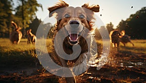 Cute puppy running in the grass, enjoying the summer sunlight generated by AI