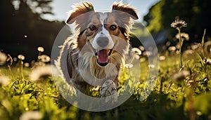 Cute puppy running in the grass, enjoying the sunny outdoors generated by AI