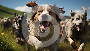 Cute puppy running in grass, joyful and playful outdoors generated by AI