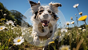 Cute puppy running on grass, looking at camera, outdoors generated by AI