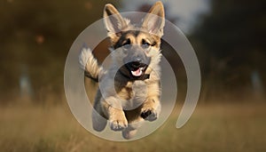 Cute puppy running in grass, playful and cheerful outdoors generated by AI