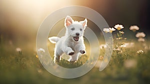 Cute puppy running on green grass