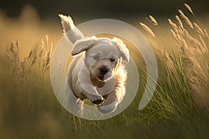 cute puppy running and jumping in field of tall grass