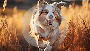 Cute puppy running in the meadow, enjoying the autumn sunlight generated by AI