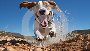 Cute puppy running outdoors, playing in the wet grass generated by AI