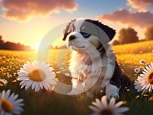 cute puppy siting on grass flower field over sunset warm light bokeh background.