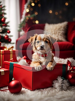 Cute puppy sits in the box under the Christmas tree. Merry Christmas and Happy New Year decoration. Generative AI