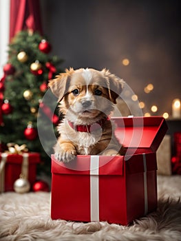 Cute puppy sits in the box under the Christmas tree. Merry Christmas and Happy New Year decoration. Generative AI