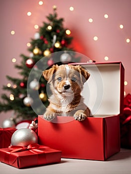Cute puppy sits in the box under the Christmas tree. Merry Christmas and Happy New Year decoration. Generative AI