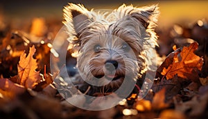 Cute puppy sitting in autumn forest, looking at camera generated by AI