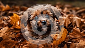 Cute puppy sitting in autumn forest, looking at camera innocently generated by AI