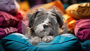 Cute puppy sitting on bed, looking at camera with softness generated by AI