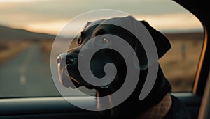 Cute puppy sitting in car, looking outdoors generated by AI