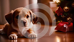Cute puppy sitting by Christmas tree at home