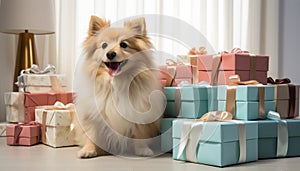 Cute puppy sitting in gift box, looking at camera generated by AI