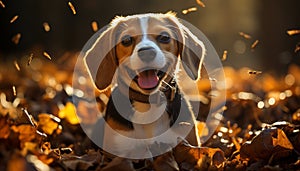 Cute puppy sitting in the grass, enjoying the autumn sunlight generated by AI