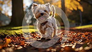 Cute puppy sitting in grass, enjoying nature beauty generated by AI