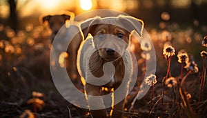 Cute puppy sitting in grass, enjoying sunset generated by AI