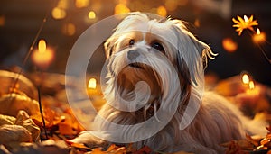 Cute puppy sitting on grass, looking at autumn tree generated by AI