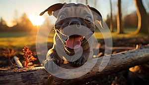 Cute puppy sitting in grass, looking at camera, enjoying nature generated by AI