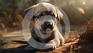 Cute puppy sitting in grass, looking at camera innocently generated by AI