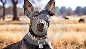 Cute puppy sitting in grass, looking at camera with obedience generated by AI