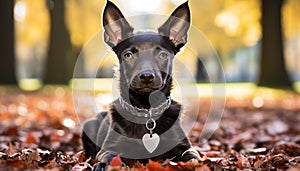 Cute puppy sitting in grass, looking at camera with obedience generated by AI