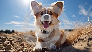 Cute puppy sitting in grass, looking at camera, playful generated by AI