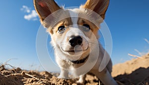 Cute puppy sitting on grass, looking at camera, playful generated by AI