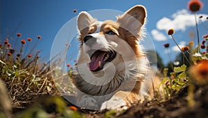 Cute puppy sitting in grass, looking at camera, playful generated by AI